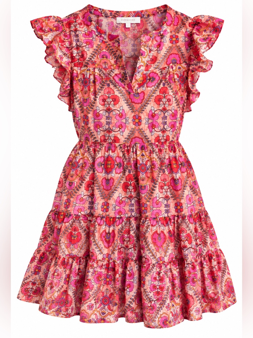 Olivaceous Pink Floral Ruffle Tiered Dress